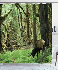 Elephant-Themed Rainforest Wildlife Shower Curtain With Antlers, Waterproof Bathroom Decor