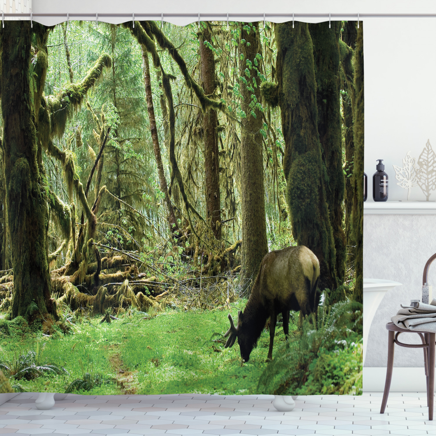 Elephant-Themed Rainforest Wildlife Shower Curtain With Antlers, Waterproof Bathroom Decor