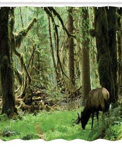 Elephant-Themed Rainforest Wildlife Shower Curtain With Antlers, Waterproof Bathroom Decor