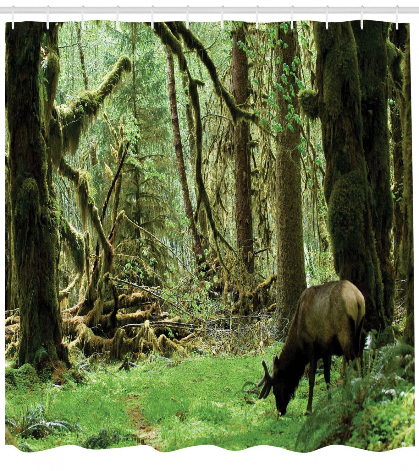 Elephant-Themed Rainforest Wildlife Shower Curtain With Antlers, Waterproof Bathroom Decor