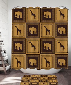 Elephants And Giraffes Shower Curtain With African Tiles Print