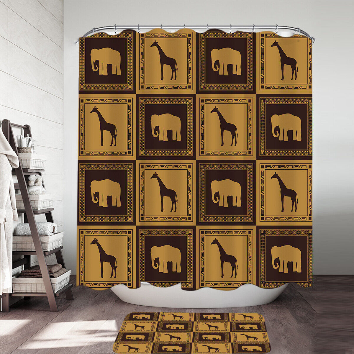 Elephants And Giraffes Shower Curtain With African Tiles Print