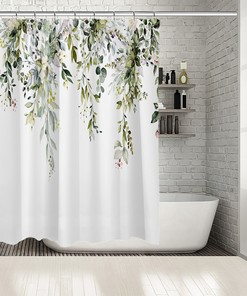 Elevate Your Bathroom Decor With A Beautiful Flower Printed Shower Curtain Featuring Green Leaf Floral