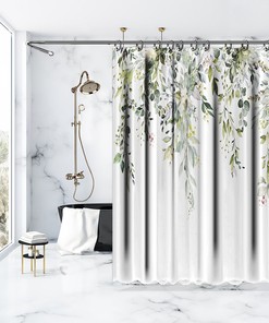 Elevate Your Bathroom Decor With A Beautiful Flower Printed Shower Curtain Featuring Green Leaf Floral