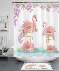 Elevate Your Bathroom Decor With This Flower Flamingo Shower Curtain With Lotus Leaves Bathroom Accessory