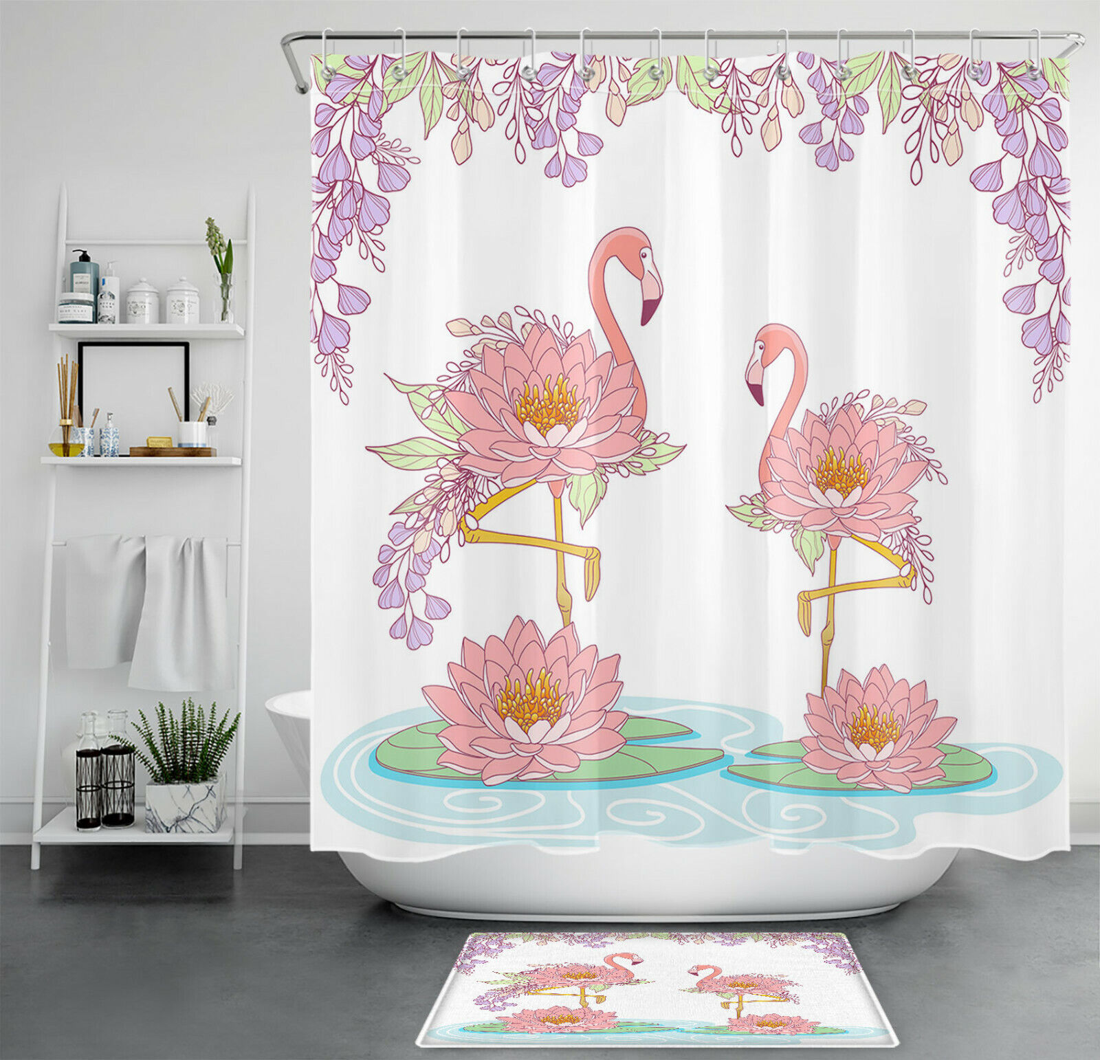 Elevate Your Bathroom Decor With This Flower Flamingo Shower Curtain With Lotus Leaves Bathroom Accessory