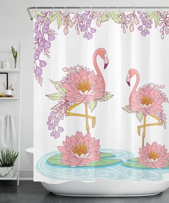 Elevate Your Bathroom Decor With This Flower Flamingo Shower Curtain With Lotus Leaves Bathroom Accessory