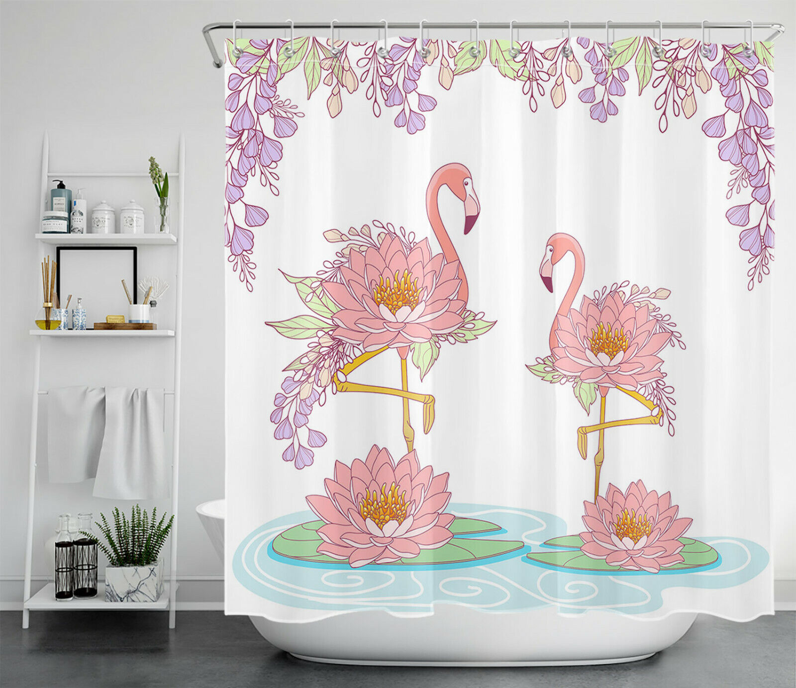 Elevate Your Bathroom Decor With This Flower Flamingo Shower Curtain With Lotus Leaves Bathroom Accessory