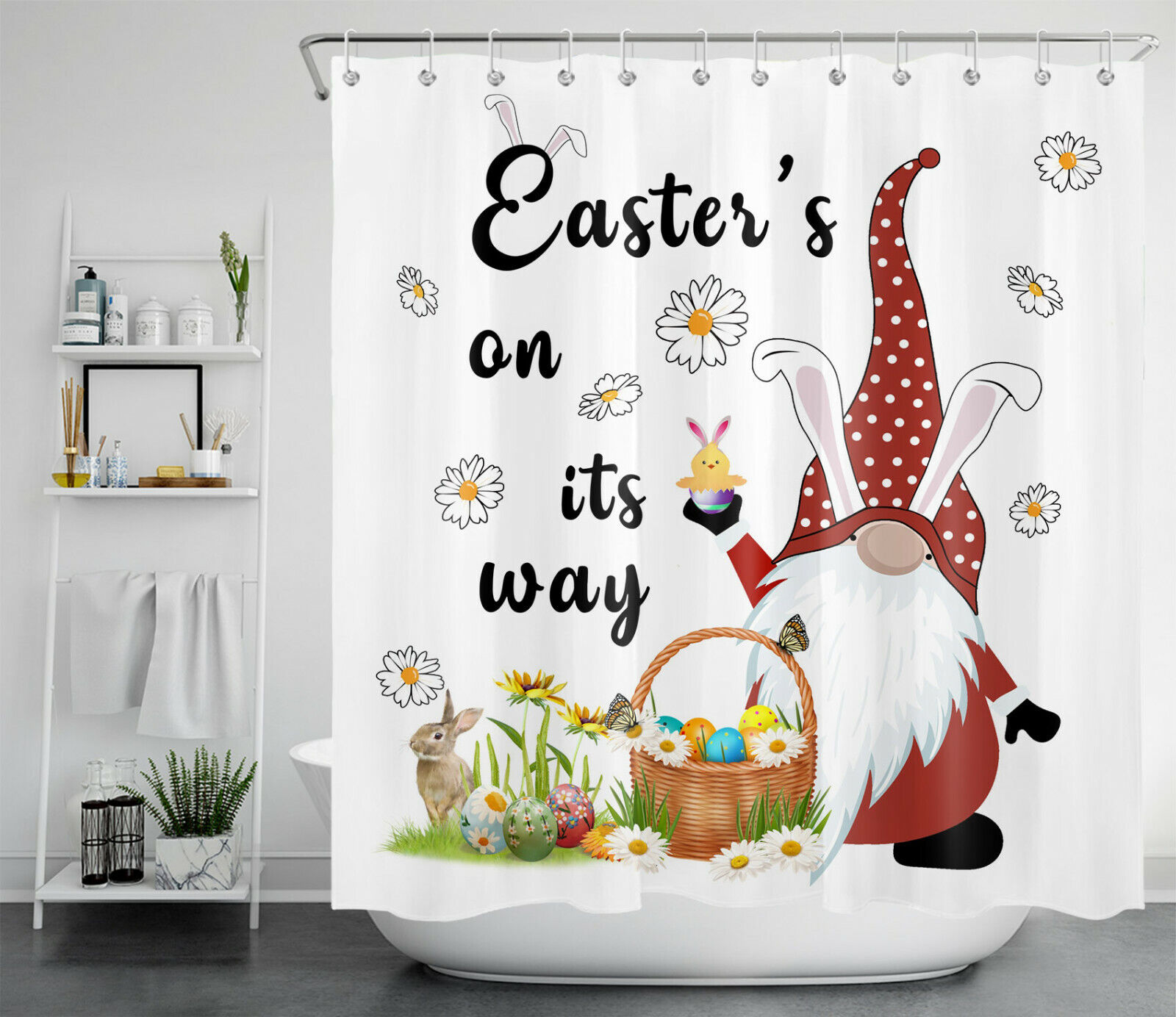 Elf and Flowers Easter Shower Curtain for a Cute Look in Bathroom