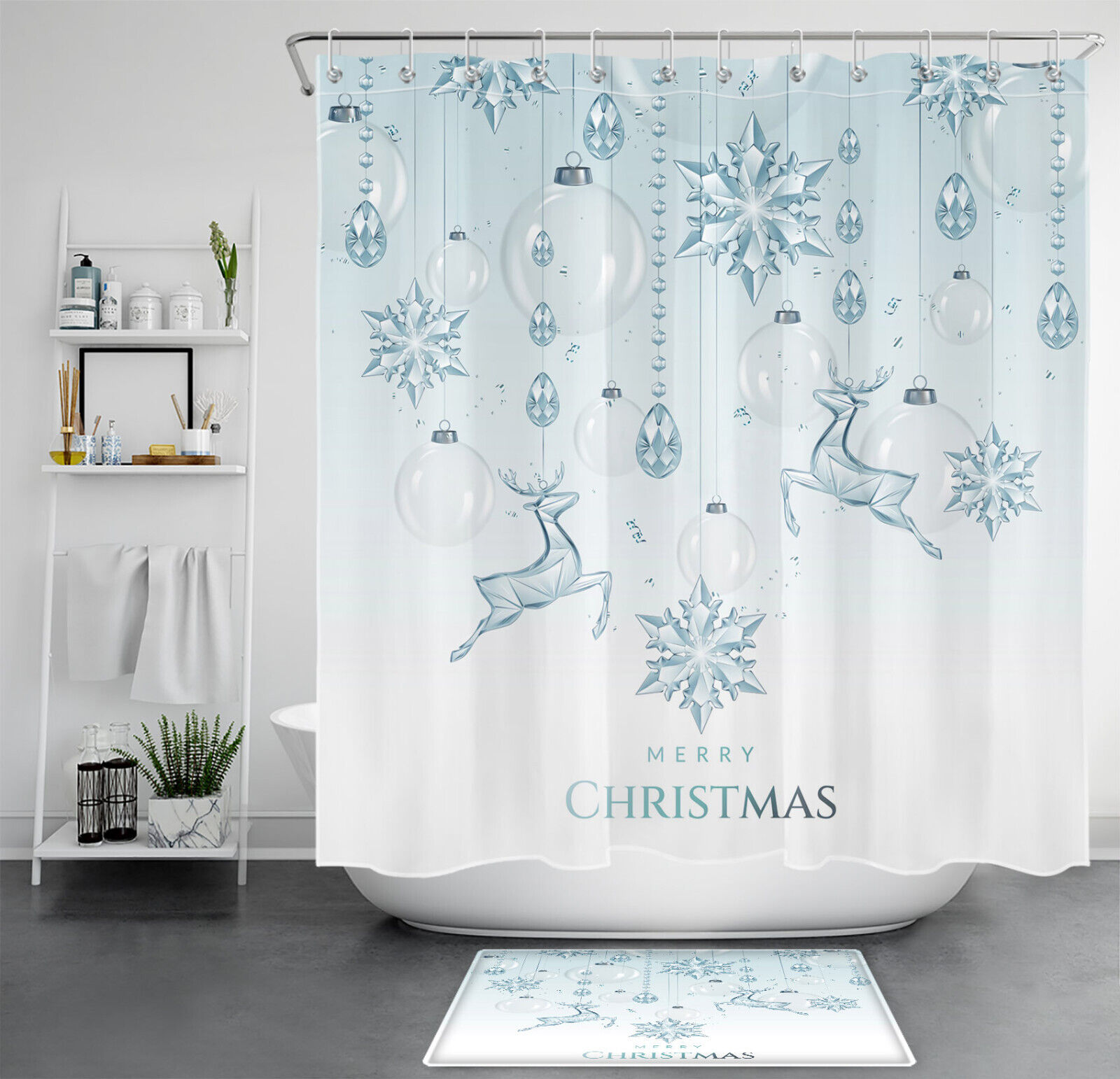 Elk And Snowflake Christmas Ball Shower Curtain For Joyful Bathroom Decor