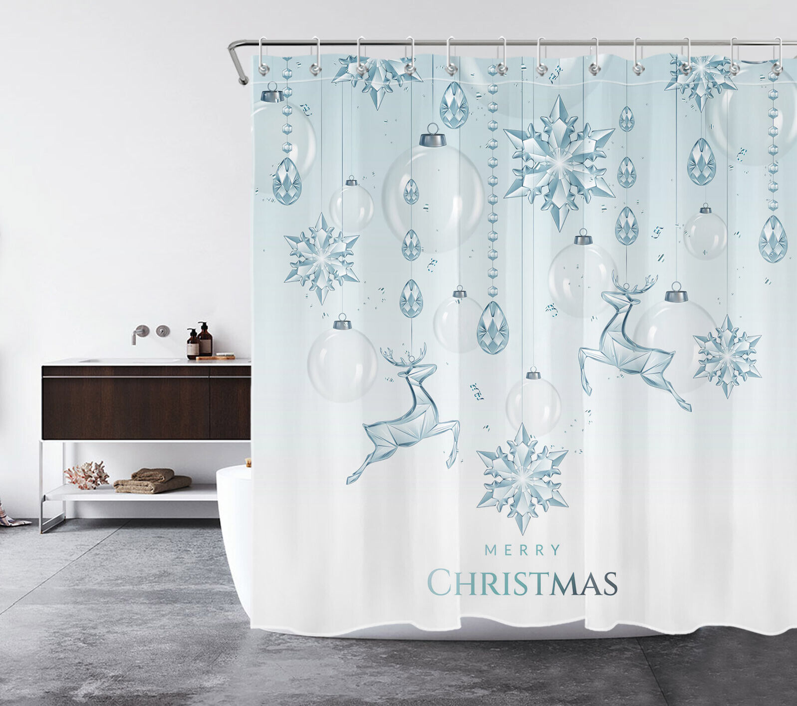 Elk And Snowflake Christmas Ball Shower Curtain For Joyful Bathroom Decor