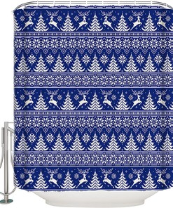 Elk And Snowflake Shower Curtain | Blue Christmas Tree Winter Bathroom Decor