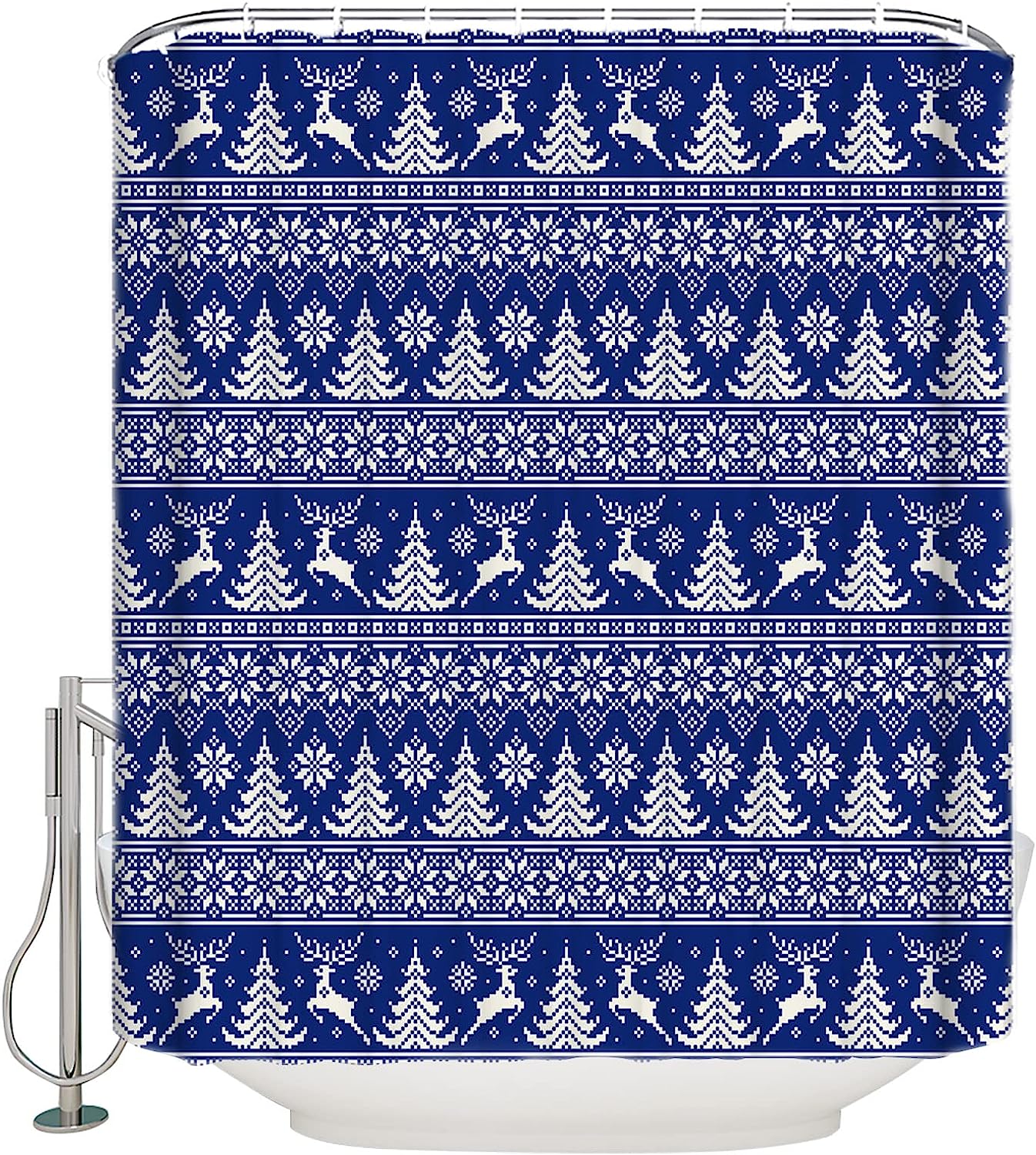 Elk And Snowflake Shower Curtain | Blue Christmas Tree Winter Bathroom Decor