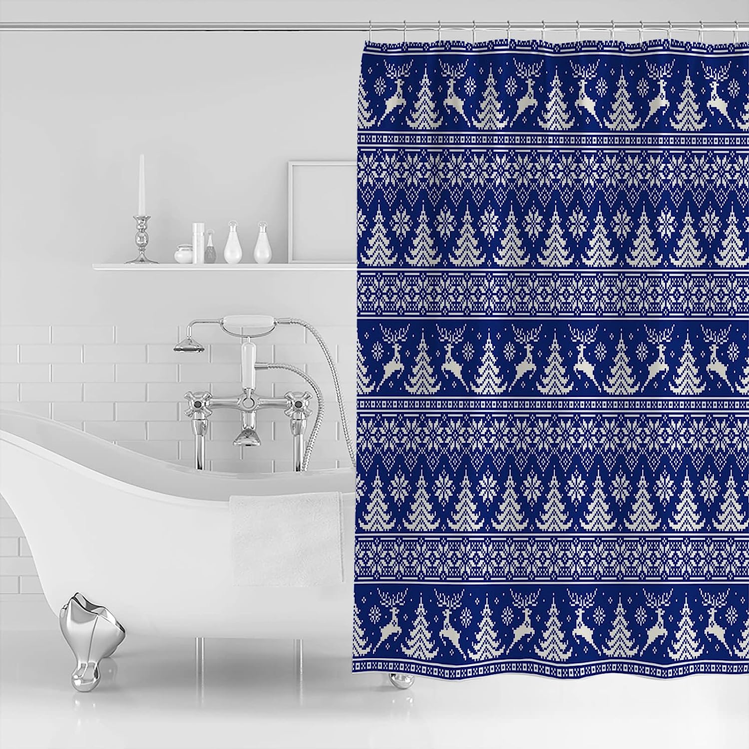 Elk And Snowflake Shower Curtain | Blue Christmas Tree Winter Bathroom Decor - Image 2