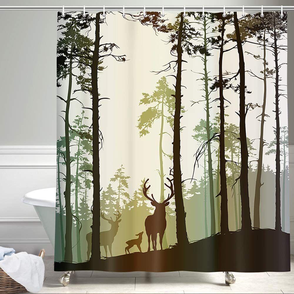 Elk Deer Sunset Fabric Shower Curtain, Wildlife Bathroom Decor