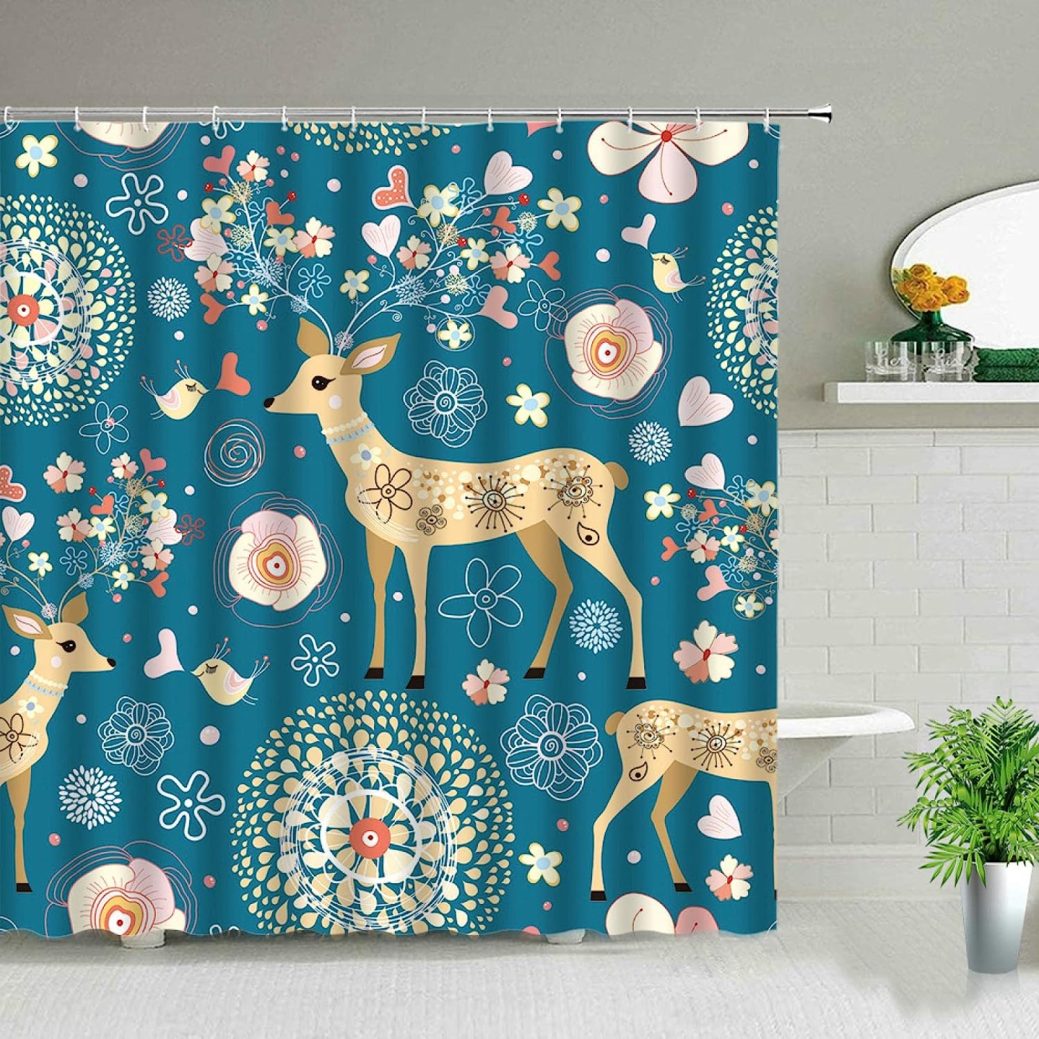 Elk Floral Moose Deer Shower Curtain, 3D Animal Bath Curtains Printing Waterproof Fabric Bathroom Decor