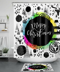 Elk Geometric Graffiti Christmas Shower Curtain - Modern Rustic Bathroom Decor