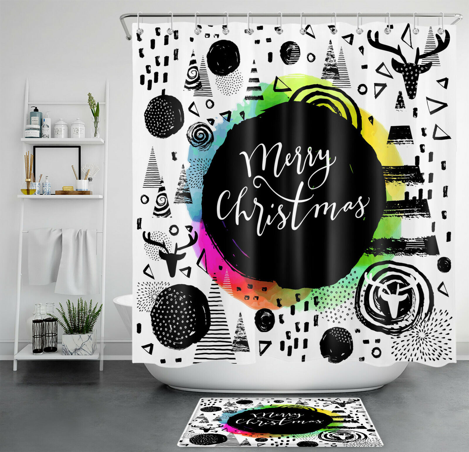 Elk Geometric Graffiti Christmas Shower Curtain - Modern Rustic Bathroom Decor