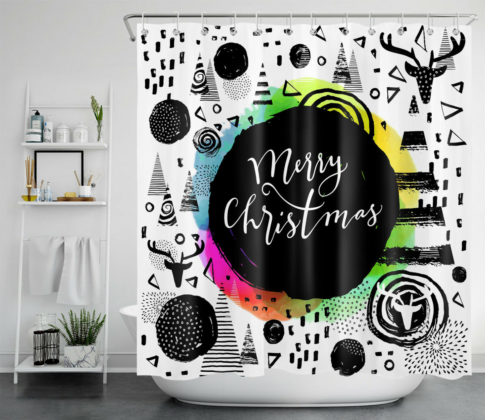 Elk Geometric Graffiti Christmas Shower Curtain - Modern Rustic Bathroom Decor