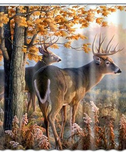 Elk In Autumn Forest Animal Deer Waterproof Bath Curtain