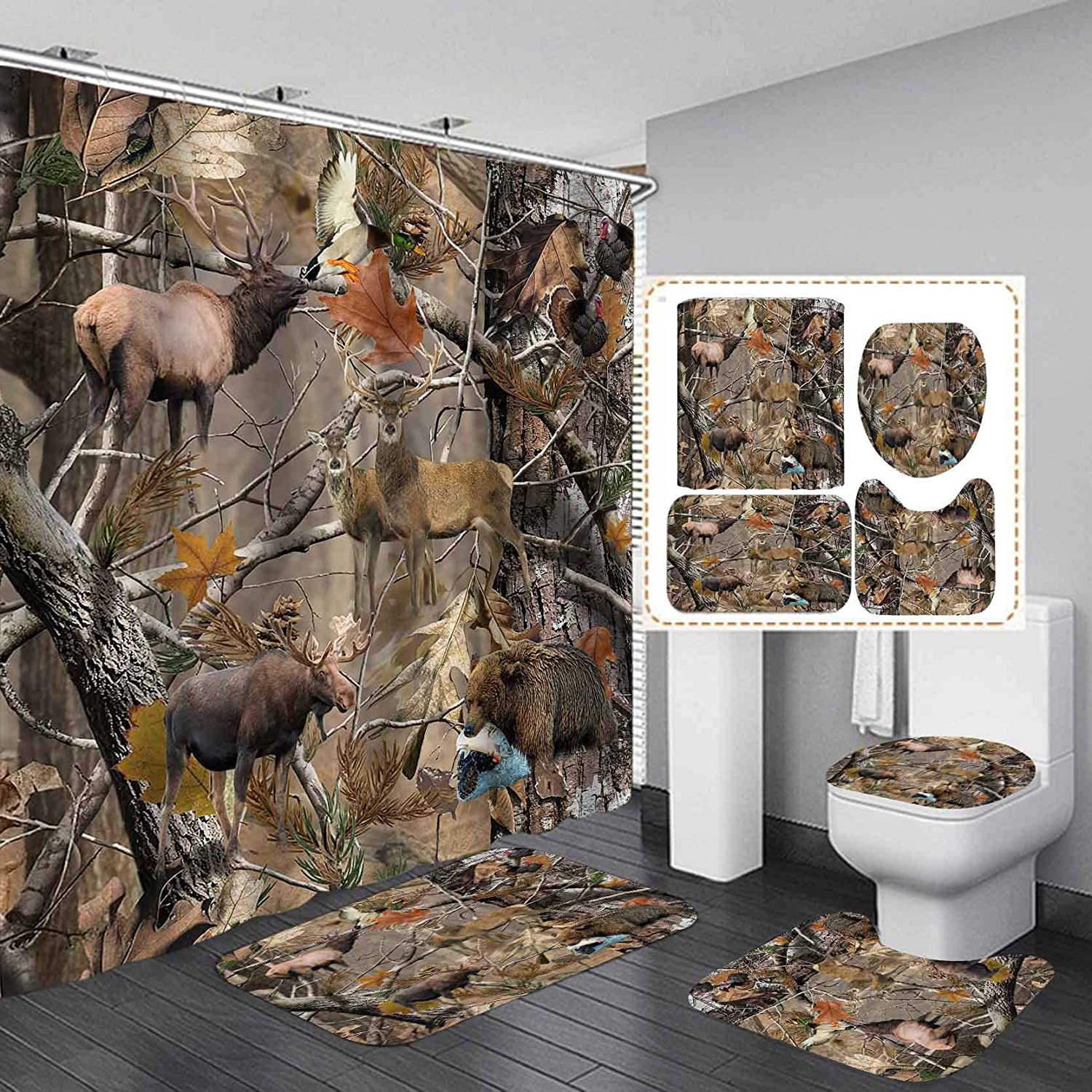 Elk Moose Bear Mallard Duck Turkey Animal Hunting Fishing Woodland Lodge Rustic Cabin Bathroom Decor for Bathrooms