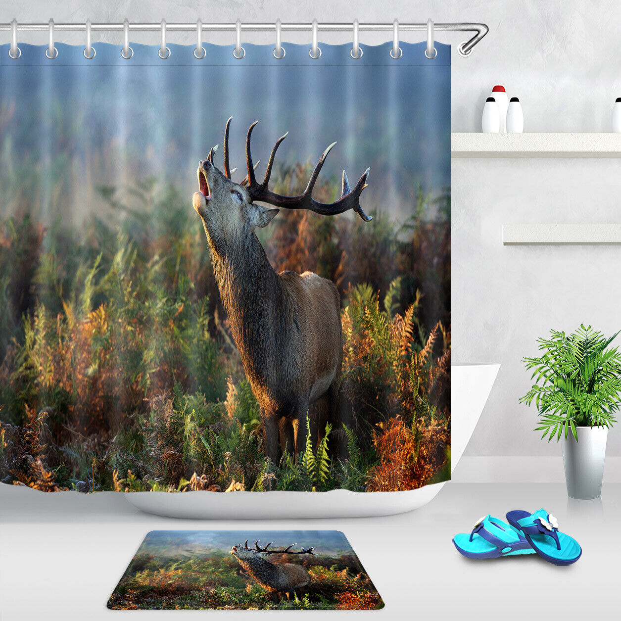 Elk Moose In Autumn Grassland Shower Curtain, Waterproof Bathroom Accessory