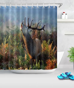Elk Moose In Autumn Grassland Shower Curtain, Waterproof Bathroom Accessory