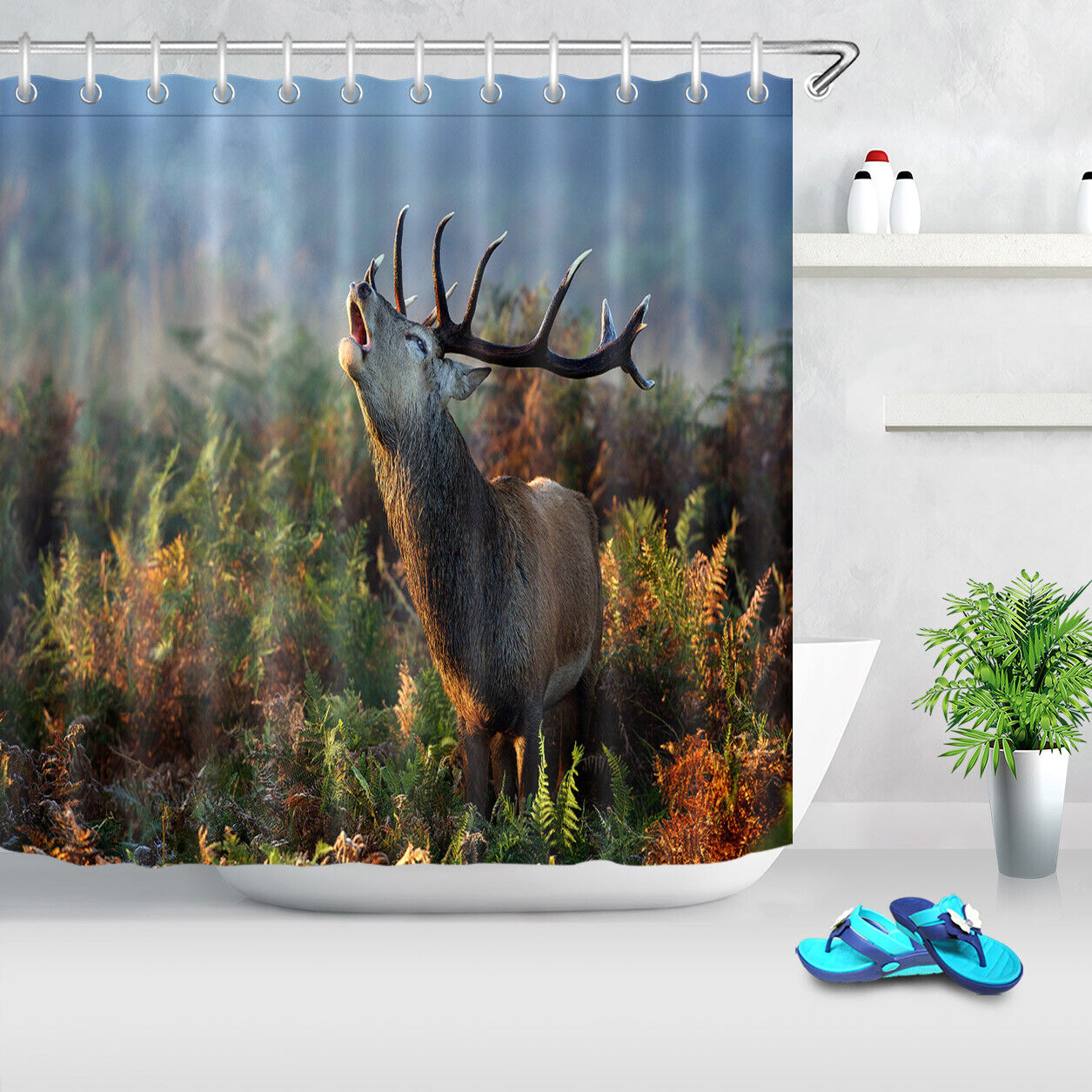 Elk Moose In Autumn Grassland Shower Curtain, Waterproof Bathroom Accessory