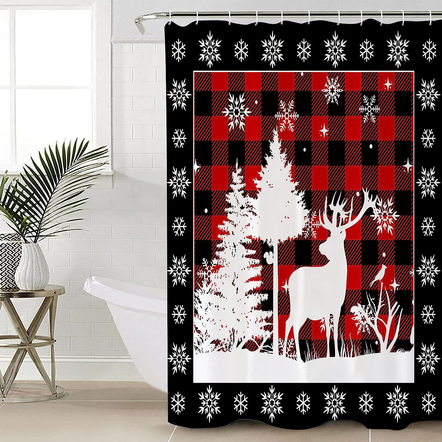 Elk Moose in the Snowfield Buffalo Plaid Yogaly Shower Curtain for Home and Kids Bathroom