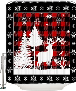Elk Moose in the Snowfield Buffalo Plaid Yogaly Shower Curtain for Home and Kids Bathroom