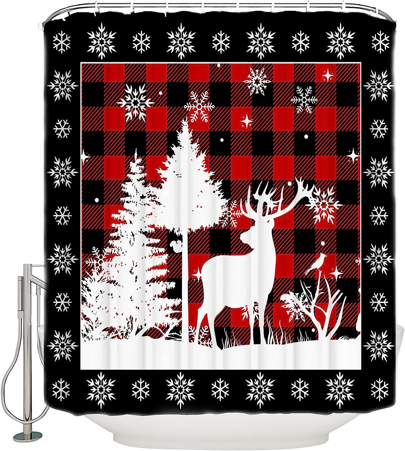Elk Moose in the Snowfield Buffalo Plaid Yogaly Shower Curtain for Home and Kids Bathroom