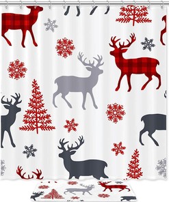Elk Snowflakes Deer Christmas Tree Shower Curtain For A Rustic Bathroom Decor