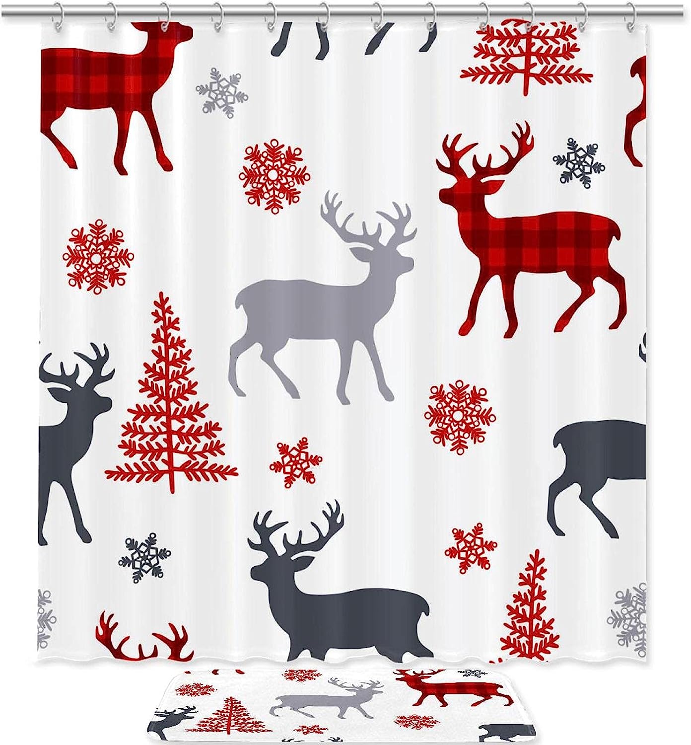 Elk Snowflakes Deer Christmas Tree Shower Curtain For A Rustic Bathroom Decor