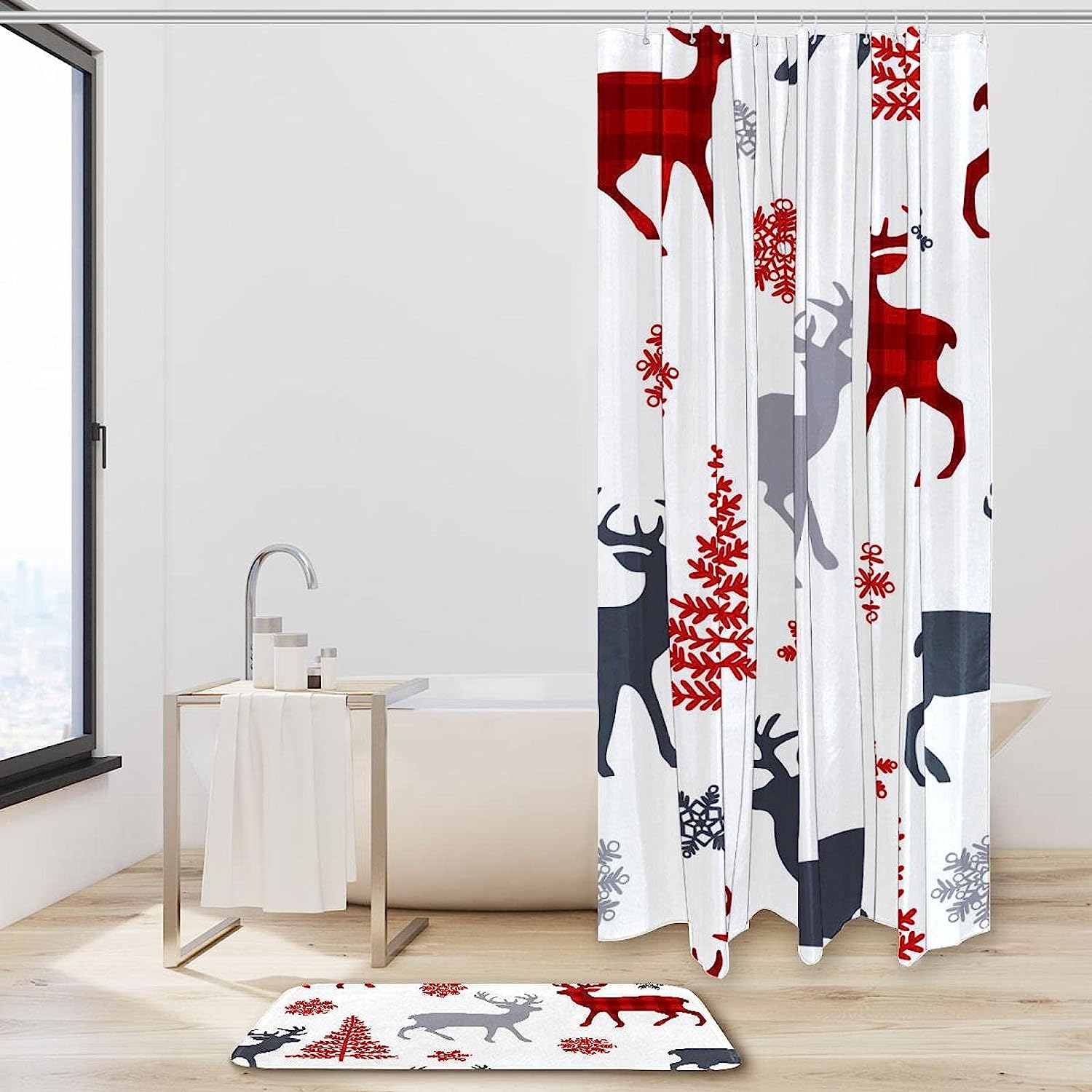 Elk Snowflakes Deer Christmas Tree Shower Curtain For A Rustic Bathroom Decor - Image 2