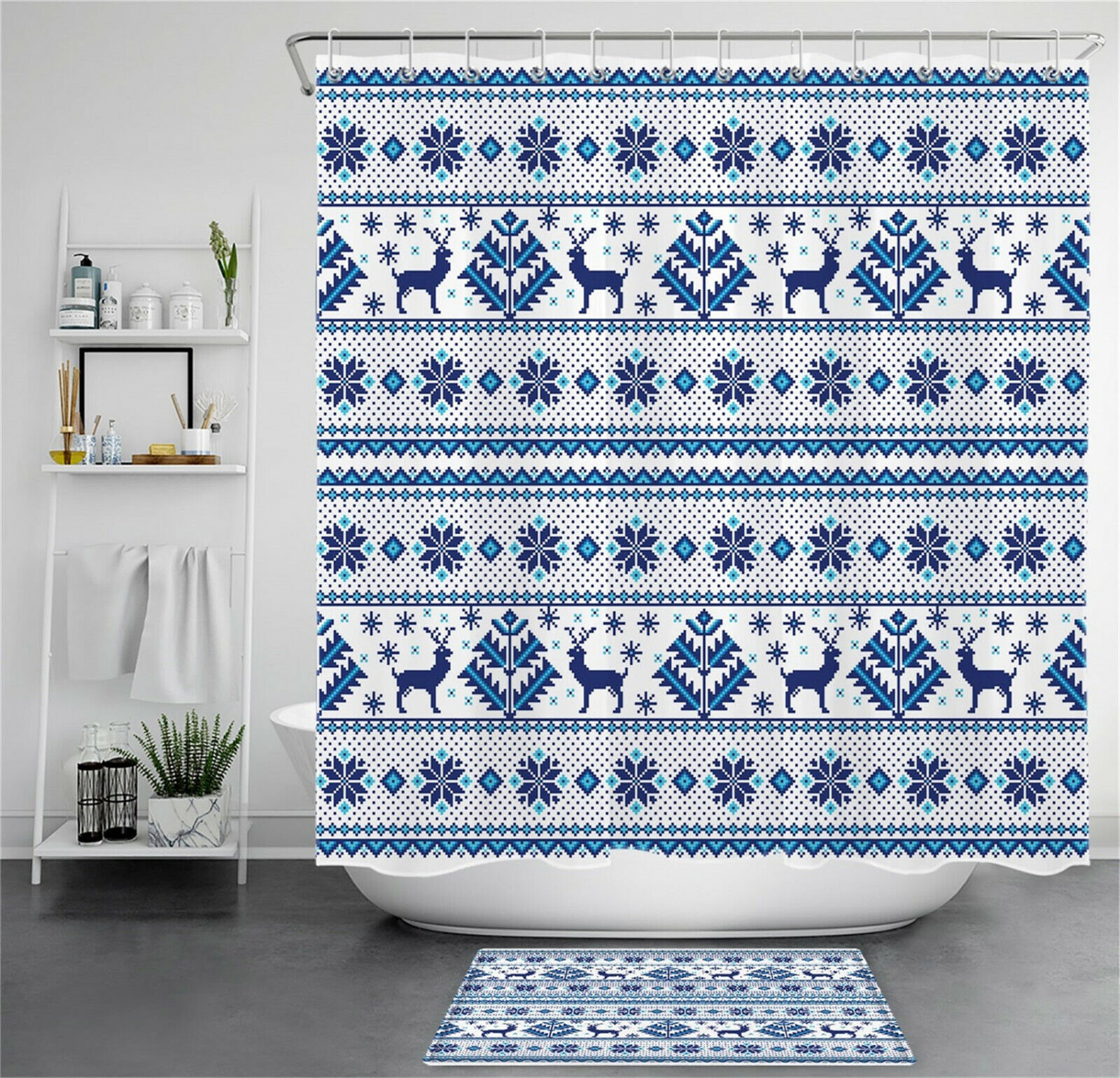 Elk Ugly Sweater Print Snowflake Shower Curtain, Unique Christmas Theme