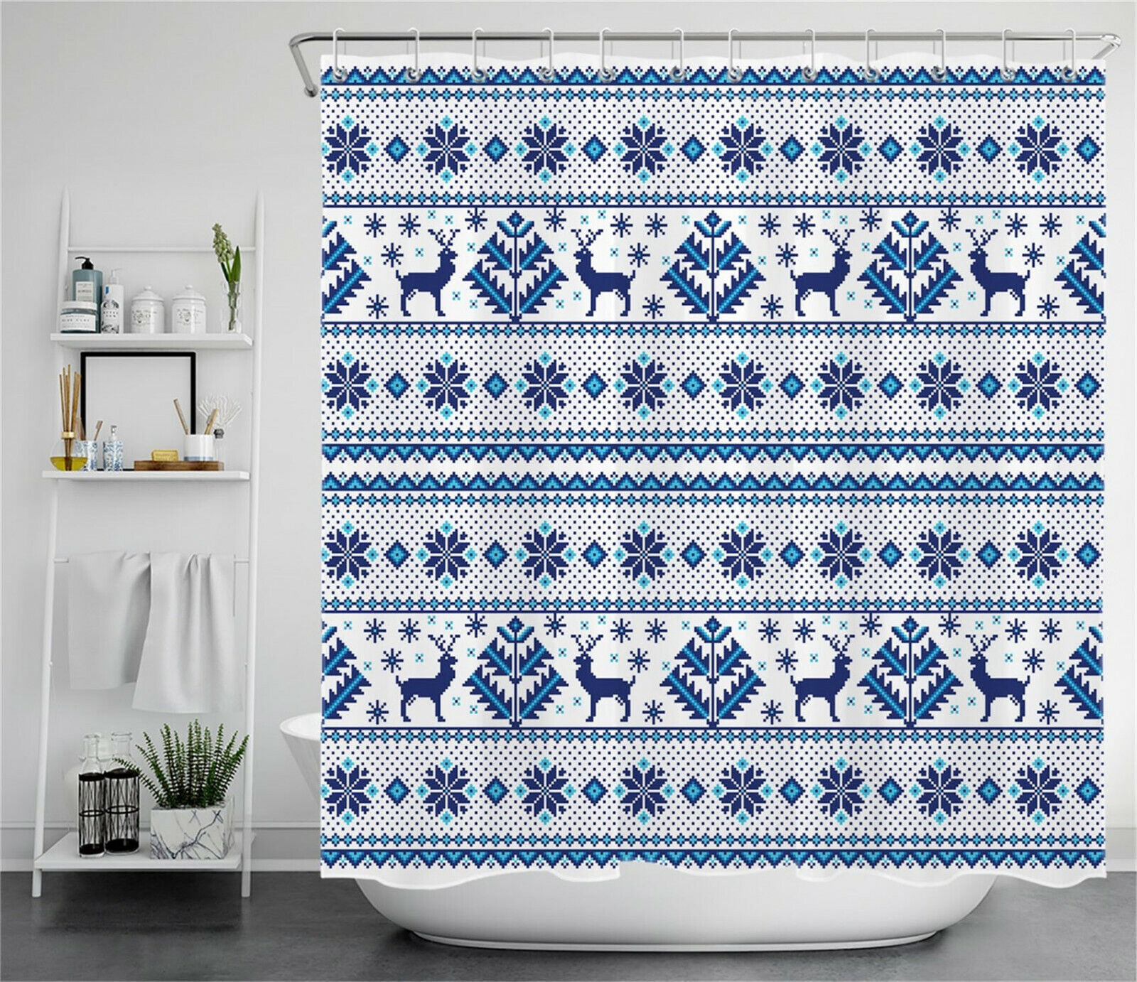 Elk Ugly Sweater Print Snowflake Shower Curtain, Unique Christmas Theme - Image 2