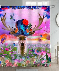 Elk Woodland Outdoor Shower Curtain With Deer And Fantasy Sky Flowers Butterfly Rainbow Bathroom Decor