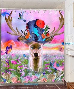 Elk Woodland Outdoor Shower Curtain With Deer And Fantasy Sky Flowers Butterfly Rainbow Bathroom Decor