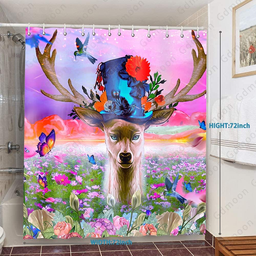 Elk Woodland Outdoor Shower Curtain With Deer And Fantasy Sky Flowers Butterfly Rainbow Bathroom Decor