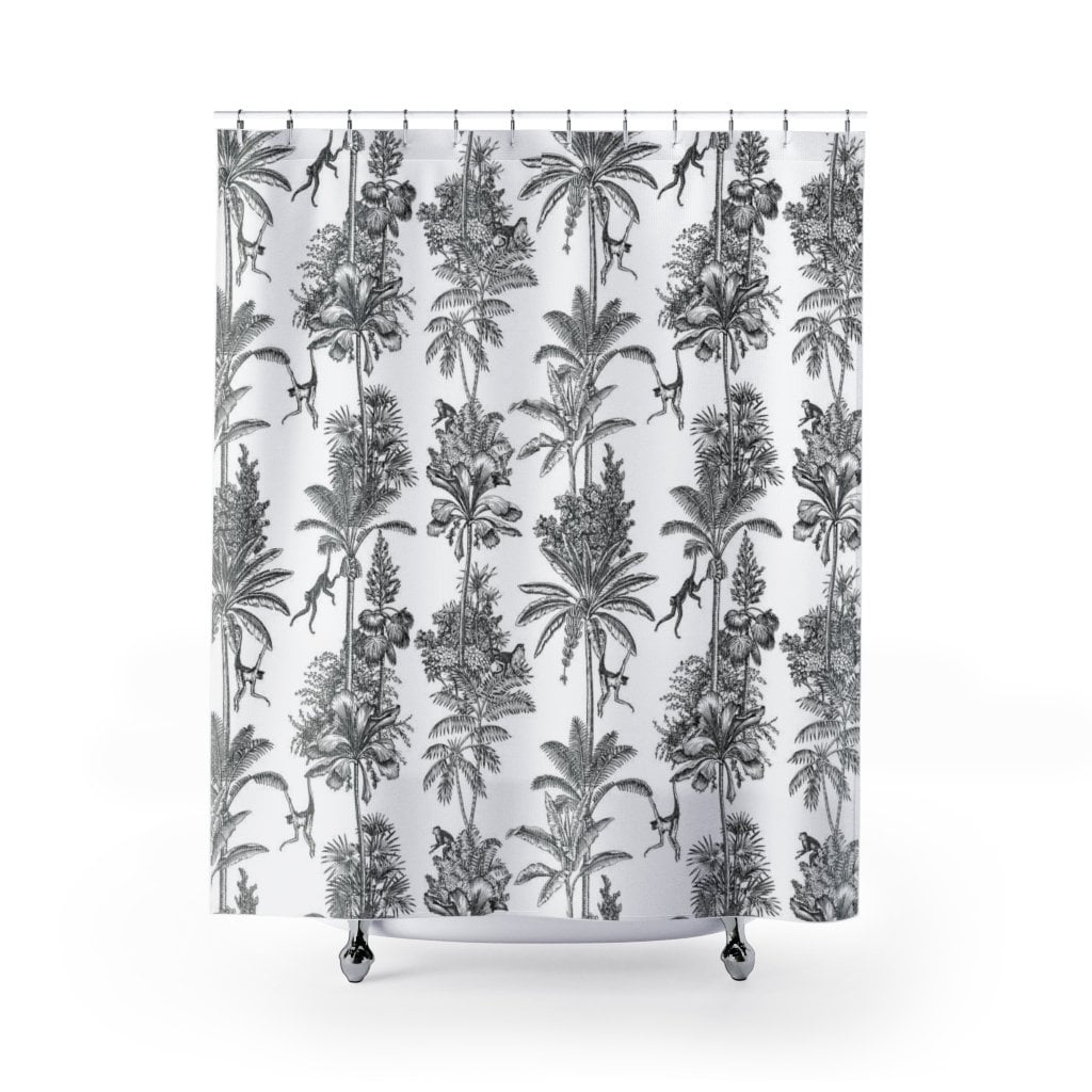 Embrace Boho Style with Monkey Jungle Shower Curtain - Black and White Pattern