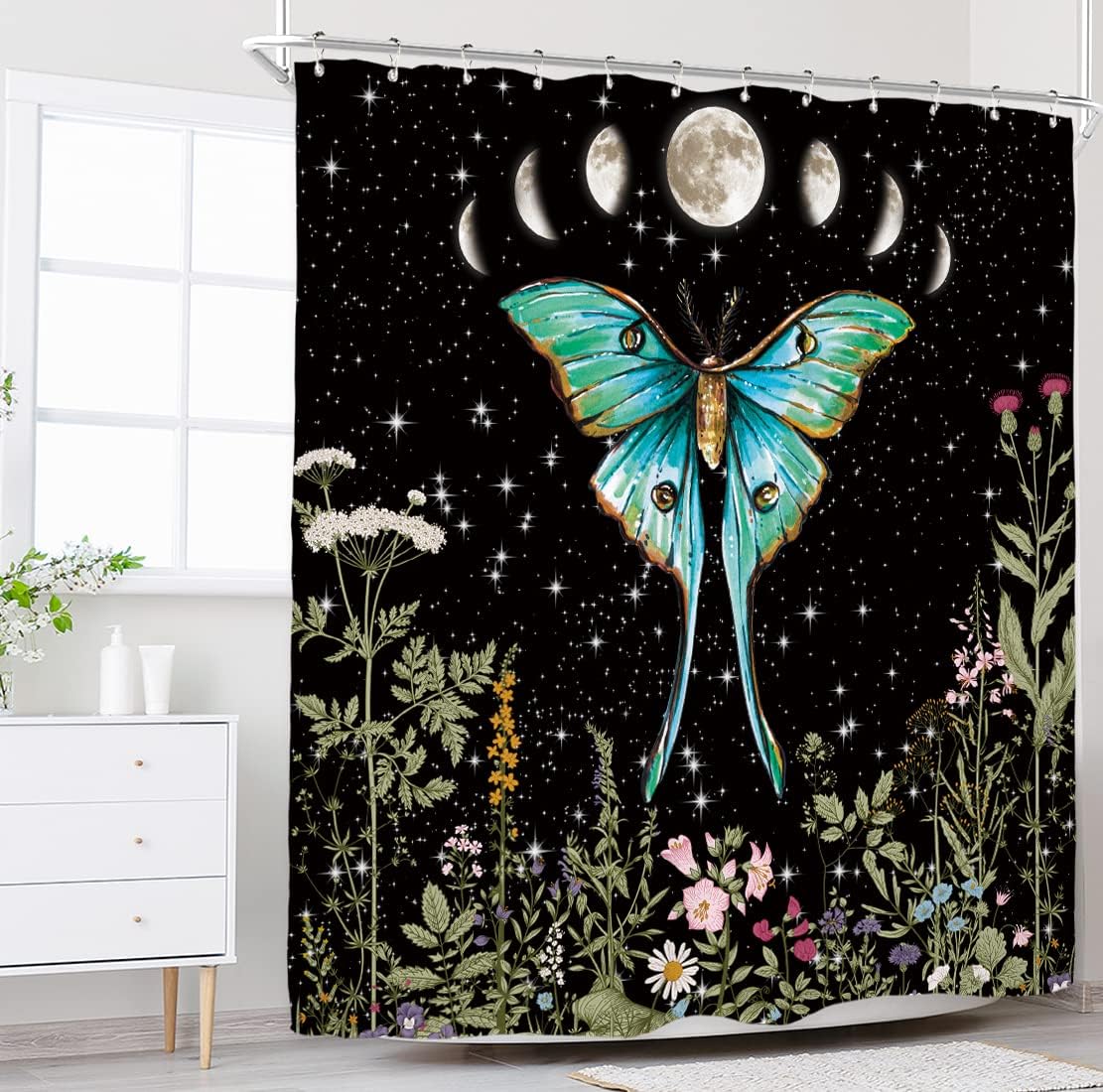 Embrace the Night with Vintage Moth Shower Curtain for Botanical and Lunar Bathroom Decor