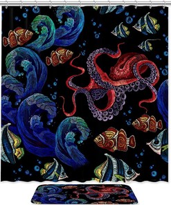 Embroidered Octopus And Waves Shower Curtain, Nautical Bathroom Decorr