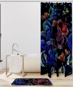 Embroidered Octopus And Waves Shower Curtain, Nautical Bathroom Decorr