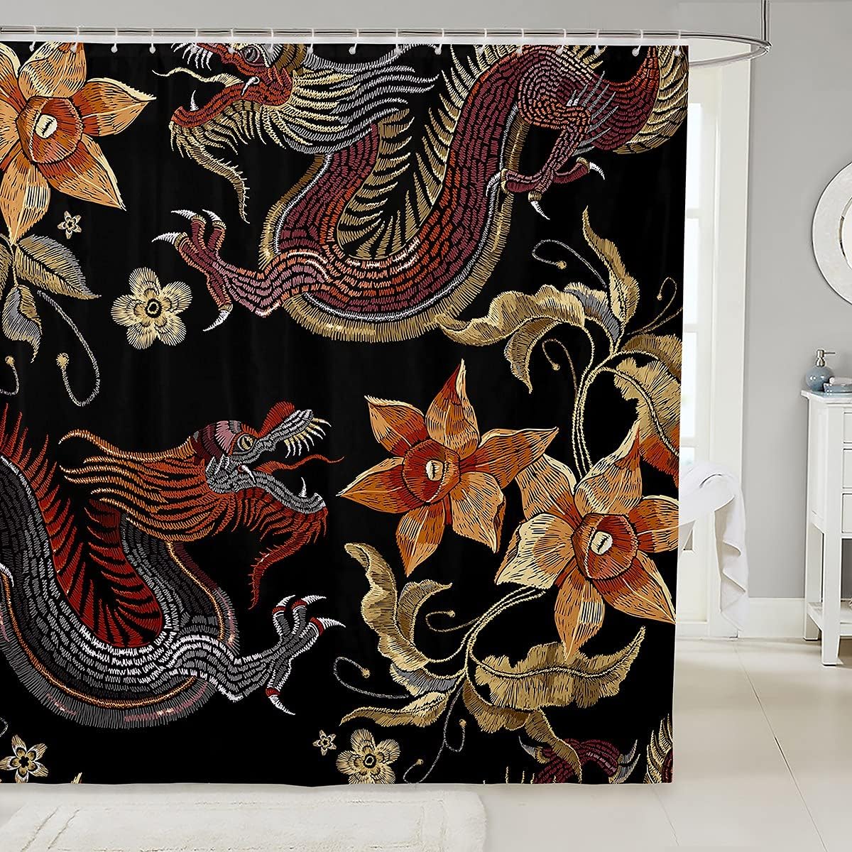 Embroidery Style Chinese Dragon Shower Curtain For Oriental Bathroom Decor