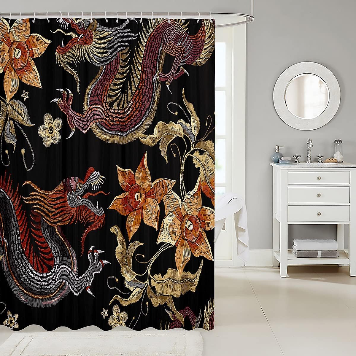 Embroidery Style Chinese Dragon Shower Curtain For Oriental Bathroom Decor - Image 2