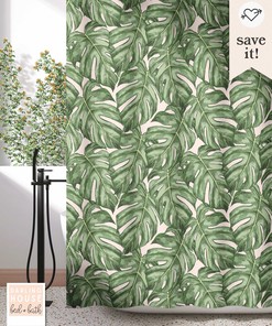 Emerald Green Monstera Leaf Shower Curtain: Retro Tropical Jungle with Maximalist Funk and Vintage Charm