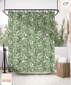 Emerald Green Monstera Leaf Shower Curtain: Retro Tropical Jungle with Maximalist Funk and Vintage Charm