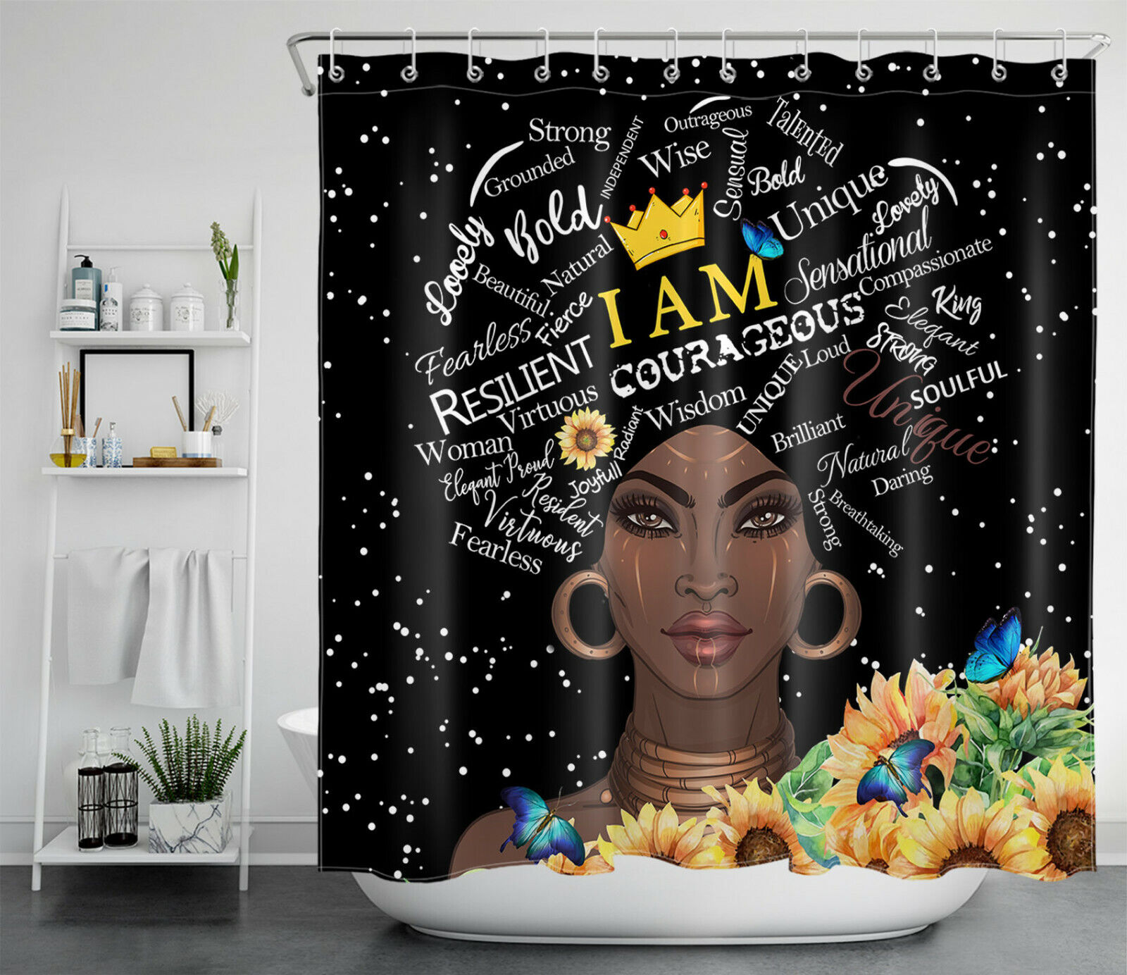 Empowering Black Girl African American Woman Sunflower Shower Curtain For Your Bathroom Decor - Image 2