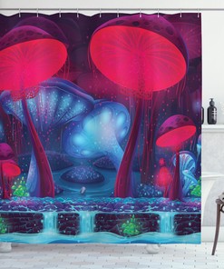 Enchanted Forest Magic Mushroom Graphic Vibrant Neon Theme Shower Curtain