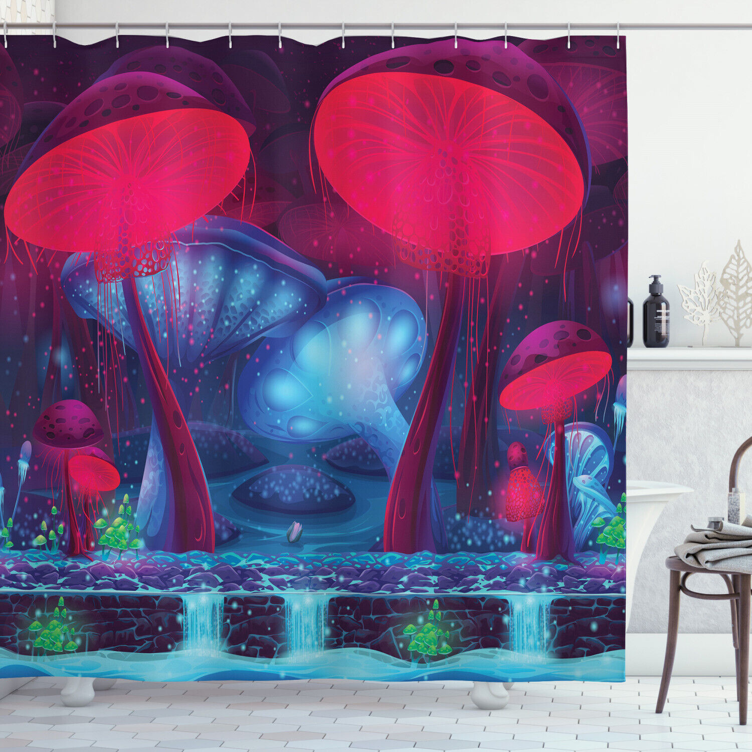 Enchanted Forest Magic Mushroom Graphic Vibrant Neon Theme Shower Curtain